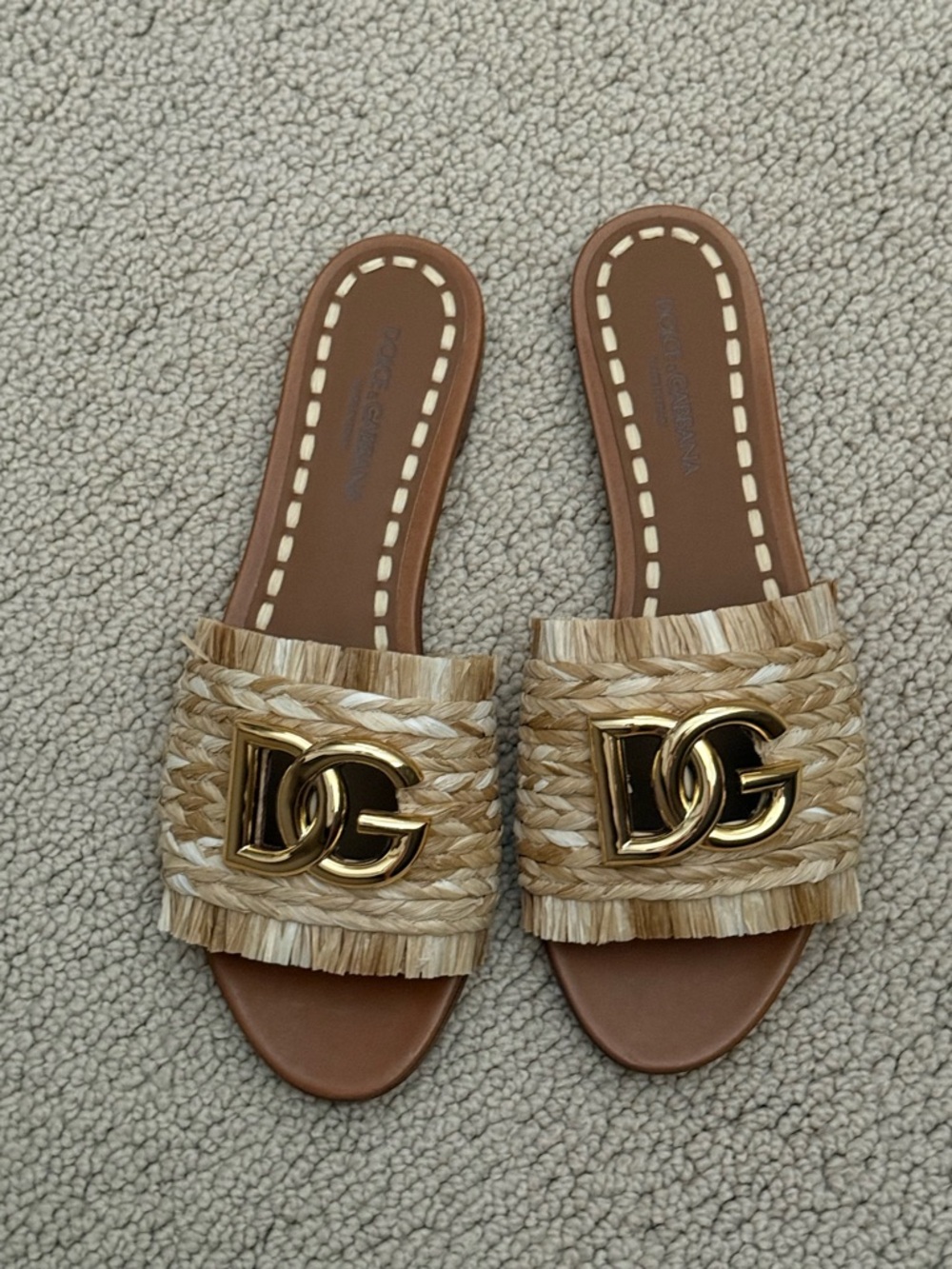 NEW Dolce & Gabbana Raffia Slide Sandals with Gold DG Emblem 38 - Picture 7 of 10